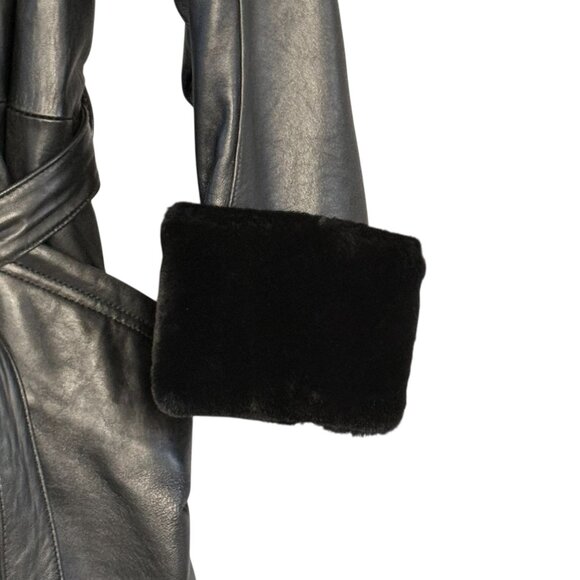 Vintage Laura Winston Size 16 Black Leather Trench Coat Faux Fur Trim EUC 90's - Picture 6 of 16